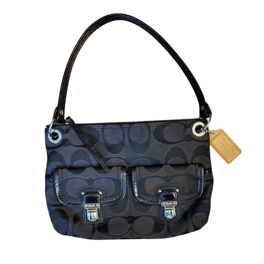 Coach 18980 Poppy Signature Canvas Shoulder Bag Hippie Hobo Leather Trim